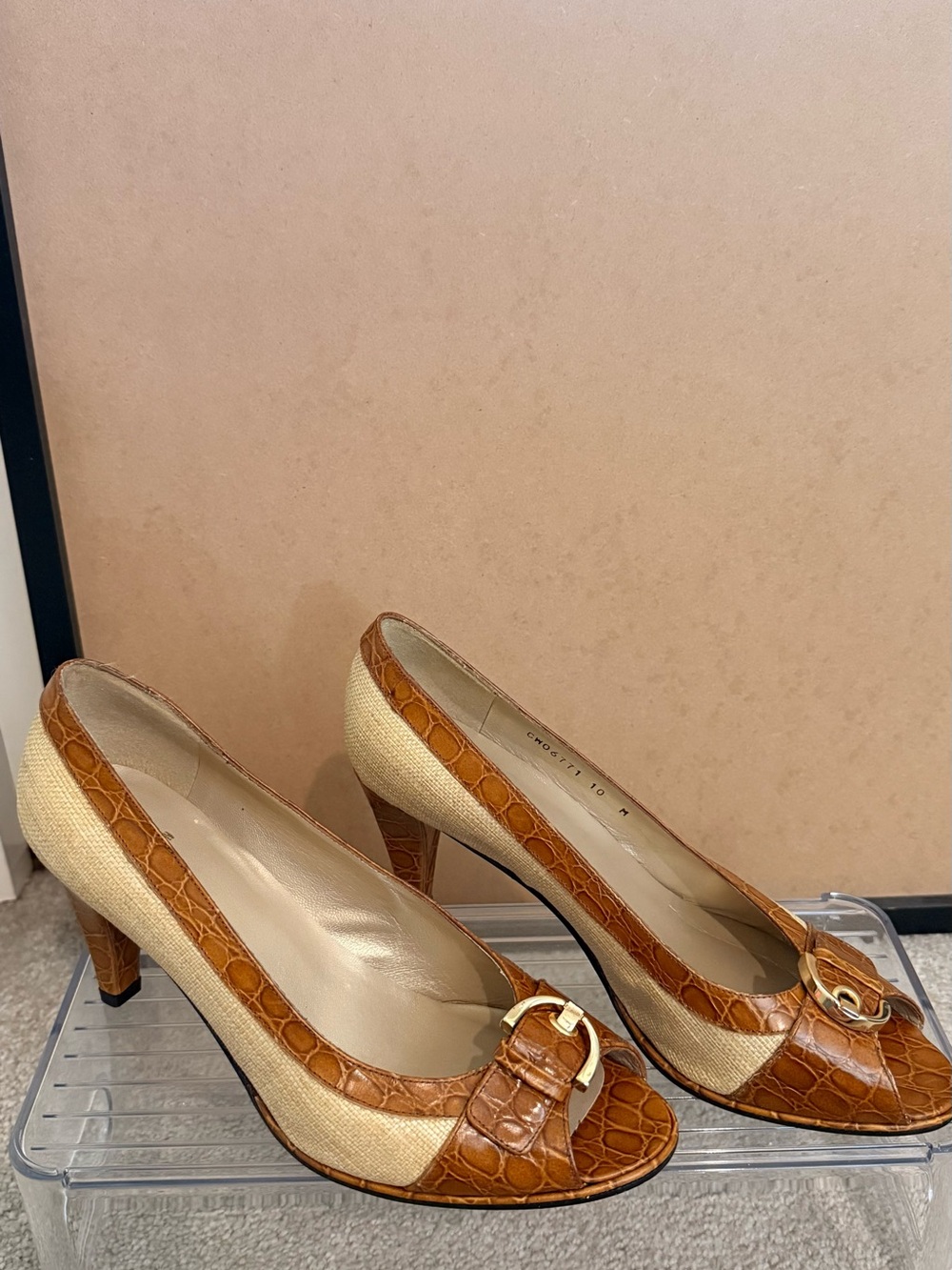 Stuart Weitzman Tan Croc-Embossed and Cream Panel Heels with Gold Buckle